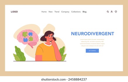 Anuncio de Web de neurodiversidad o página de aterrizaje. Espectro de desarrollo cognitivo. Conciencia de la salud mental. Sociabilidad, capacidad de aprendizaje, capacidad de atención, sentimiento y trastornos mentales. Ilustración vectorial plana