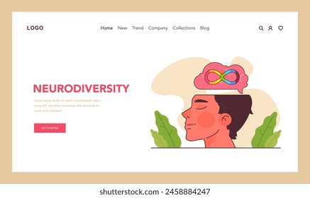 Neurodiversity web banner or landing page. Cognitive development spectrum. Mental health awareness. Sociability, learning ability, attention span, mood and mental disorders. Flat vector illustration