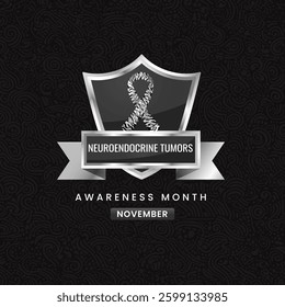 Neuroendocrine Tumor Awareness Month, with Zebra Colored Black and White ribbon, Shield Shaped Object with Text on Floral Background