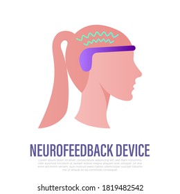 Neurofeedback device on woman's head. Sensor for measurement brain activity at meditation. Flat icon. Vector illustration.