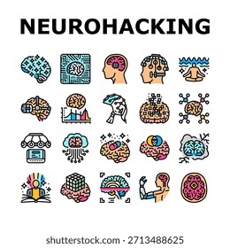neurohacking ícones de neuroplasticidade conjunto vetor. biofeedback, meditação mindfulness, nootropics, neurofeedback brainwave, cognição neuroplasticidade cor linha ilustrações