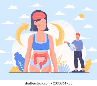 Neurohumoral regulation of digestive system. Brain affects functioning of stomach and intestines and vice versa. Interconnected organs. Cartoon flat vector illustration isolated on white background