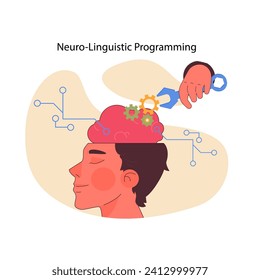 Neuro-linguistic programming exploration. Mind intricate workings, cerebral mechanics, cognitive process. Thought modulation and mental agility. Understanding brain language. Flat vector illustration