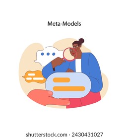 Neuro-linguistic programming meta-models concept. Analyzing language patterns and speech structure. Critical examination of communication. Clarity in thoughts and words. Flat vector illustration