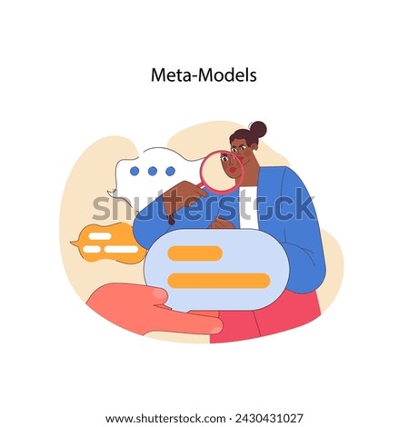 Neuro-linguistic programming meta-models concept. Analyzing language patterns and speech structure. Critical examination of communication. Clarity in thoughts and words. Flat vector illustration