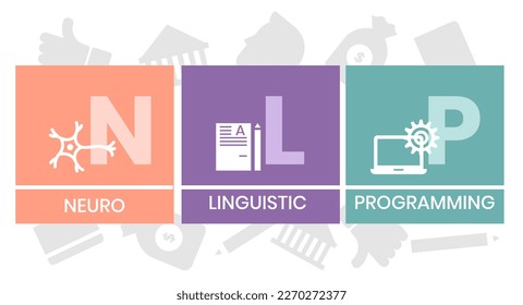 Neuro-linguistic programming NLP vector illustration concept wit icons and keywords. Vector infographic illustration for presentations, sites, reports, banners