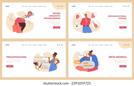 Neuro-linguistic programming set. Sensory perception, foundational assumptions, language structures. Exploring mental strategies. Communication models, personal growth. Flat vector illustration