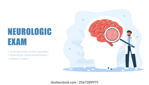 Neurologic exam concept. Man in medical uniform examine huge organ. Neurological therapy. Vector illustration in flat cartoon style.