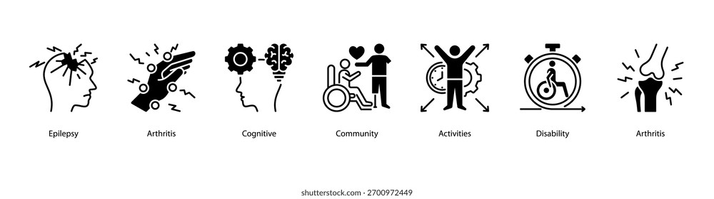 Neurological and Community Support web banner illustration featuring Epilepsy,Arthritis,Cognitive,Community,Activities,Disability, and Arthritis. Encourages health participation and social inclusion.