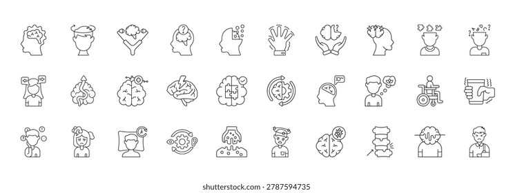 Neurological Disorder Icon set Collection in Line Style. brain, cognitive, autism, epilepsy, migraine, stroke