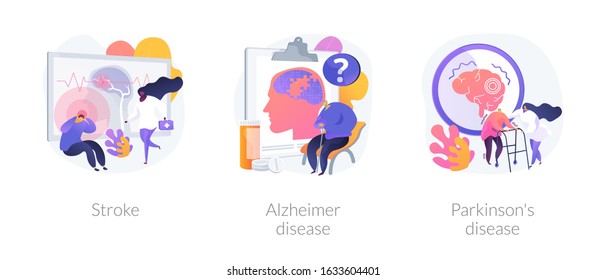 Neurological Disorders Abstract Concept Vector Illustration Set. Stroke, Alzheimer Disease, Parkinsons Disease. Nervous System And Brain Issue, Symptoms And Immune Response, Trauma Abstract Metaphor.