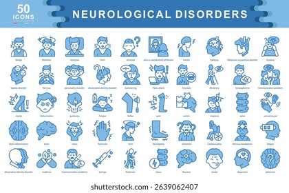 Neurological Disorders blue icon collection set. Containing Sleepy,Stroke,Parkinson,Insomnia, Alzheimer, Nervous, stress,Fatigue,Brain,Medicine,Hallucination icon.Simple line vector
