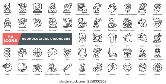 Neurological Disorders icon collection set. Containing Sleepy,Stroke,Parkinson,Insomnia, Alzheimer, Nervous, stress,Fatigue,Brain,Medicine,Hallucination icon.Simple line vector