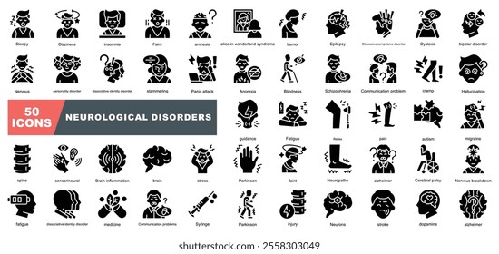 Neurological Disorders icon collection set. Containing Sleepy,Stroke,Parkinson,Insomnia, Alzheimer, Nervous, stress,Fatigue,Brain,Medicine,Hallucination icon.Simple vector