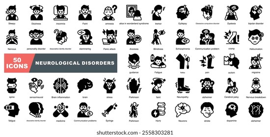 Neurological Disorders icon collection set. Containing Sleepy,Stroke,Parkinson,Insomnia, Alzheimer, Nervous, stress,Fatigue,Brain,Medicine,Hallucination icon.Simple vector