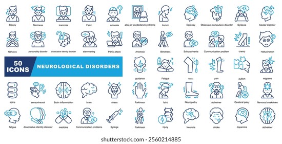 Neurological Disorders icon collection set. Containing Sleepy,Stroke,Parkinson's,Insomnia,Alzheimer's,Nervous,stress,Fatigue,Brain,Medicine,Hallucination icon.Simple line vector