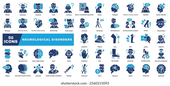 Neurological Disorders icon collection set. Containing Sleepy,Stroke,Parkinson's,Insomnia,Alzheimer's,Nervous,stress,Fatigue,Brain,Medicine,Hallucination icon.Simple line vector