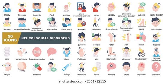 Neurological Disorders icon collection set. Containing Sleepy,Stroke,Parkinson,Insomnia, Alzheimer, Nervous, stress,Fatigue,Brain,Medicine,Hallucination icon.Simple line vector