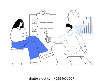 Neurological exam abstract concept vector illustration. Neurologist checks reflexes using hammer, medicine industry, family doctor, primary care physician, detect abnormalities abstract metaphor.