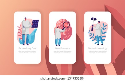 Neurological Examination Concept Mobile App Page Onboard Screen Set. Healthcare Technology. Neurologist Doctor Explore Tomography Result Website or Web Page. Flat Cartoon Vector Illustration