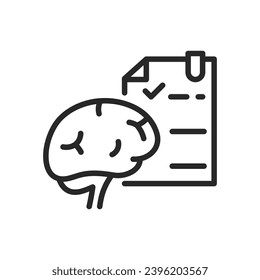 Icono de examen neurológico. Signo lineal delgado para pruebas de función cognitiva y evaluación de la salud cerebral. Símbolo de vector de contorno aislado.