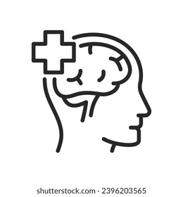 Neurological Help Icon Icon. Thin Linear Sign of Brain with Medical Cross for Healthcare and Neurological Support Services. Isolated Outline Vector Symbol.