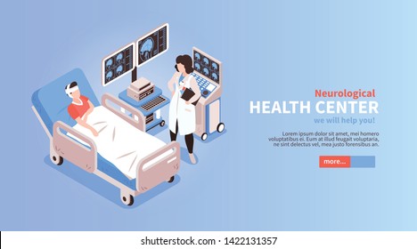 Neurological medial health center home page isometric horizontal web banner with  hospitalized patient doctor equipment vector illustration 