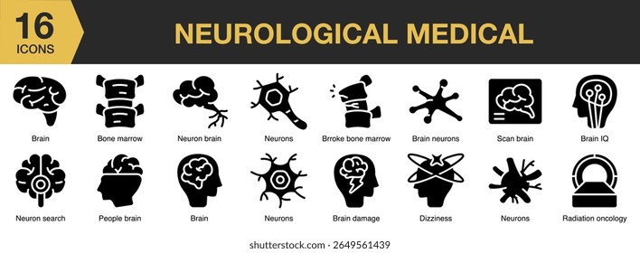 Neurological Medical solid icon set. Includes neurology, medical, brain, medicine, technology, health, and More. Solid icons vector collection.