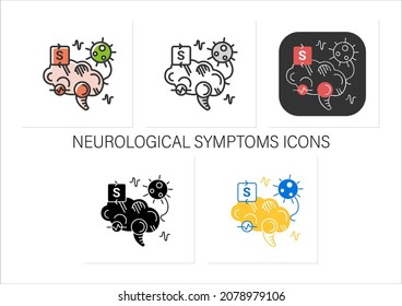 Neurological Symptoms Icons Set.Covid Disease Molecule Attack Brain.Corona Virus Neurology Symptoms Danger.Collection Of Icons In Linear, Filled, Color Styles.Isolated Vector Illustrations