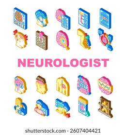 neurologist brain neurons icons set vector. neurology synapse, cognition epilepsy, stroke, dementia migraine, headache neurologist brain neurons isometric sign illustrations