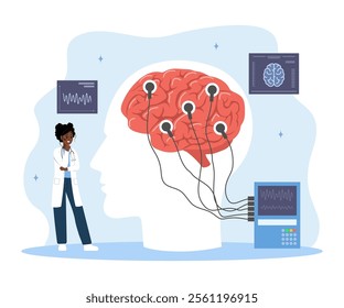 Neurologist concept. African Woman in medical uniform examine human brain. Electroencephalography. Brain Connected to Display with EEG Indication. Vector illustration in flat cartoon style.