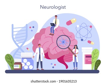 Neurologist concept. Doctor examine human brain. Idea of doctor caring about patient health. Medical MRI diagnosis and consultation. Vector illustration in cartoon style