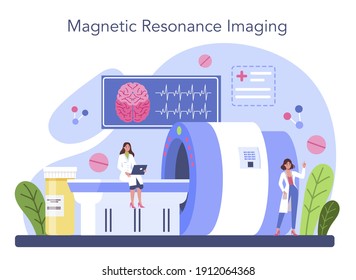 Neurologist concept. Doctor examine human brain. Idea of doctor caring about patient health. Medical MRI diagnosis and consultation. Vector illustration in cartoon style