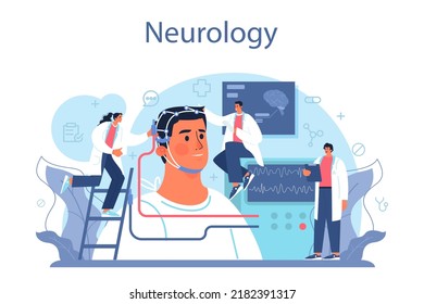 Neurologist concept. Doctor examine and treat human brain and nervous system. Nervous system disease' therapy. Medical MRI diagnosis and consultation. Flat vector illustration