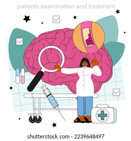 Neurologist concept. Doctor examine and treat human brain and nervous system. Nervous system disease' therapy. Stroke diagnosis and treatment. Flat vector illustration