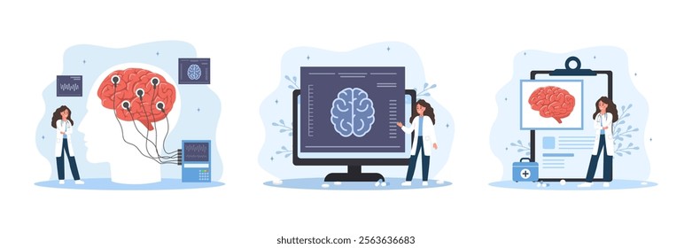 Neurologist concept. Female Doctor diagnosis and monitors treatment of Brain diseases. Research scientist. Neurology or Neuroscience. Set of Vector illustrations in flat cartoon style.