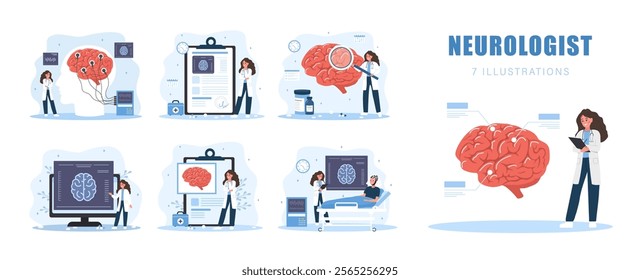 Neurologist concept. Female Doctor diagnosis and monitors treatment of Brain diseases. Research scientist. Neurology or Neuroscience. Set of Vector illustrations in flat cartoon style.