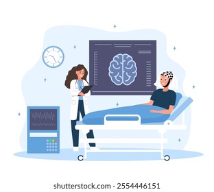 Neurologist concept. Female doctor examine MRI scan. Neurology disease diagnostics. Vector illustration in flat cartoon style.