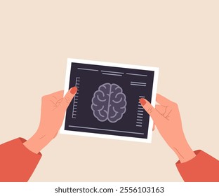 Neurologist concept. Female hand holding result of brain research. Study brain diseases. Anatomy and biology. Vector illustration in flat cartoon style.