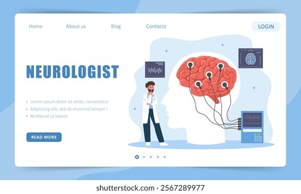 Neurologist concept. Landing page template. Male doctor examine human brain. Electroencephalography. Research scientist. Vector illustration in flat cartoon style.