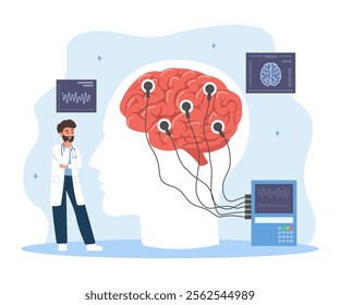 Neurologist concept. Man in medical uniform examine human brain. Electroencephalography. Brain Connected to Display with EEG Indication. Vector illustration in flat cartoon style.