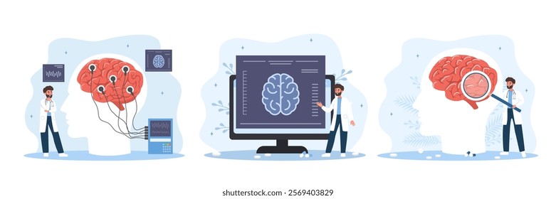 Neurologist concept. Man in medical uniform diagnoses and monitors treatment of brain diseases. Neurology check up. Set of Vector illustrations in flat cartoon style.