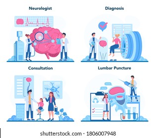 Neurologist concept set. Doctor examine human brain. Idea of doctor caring about patient health. Medical diagnosis and consultation. Vector illustration in cartoon style