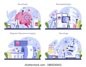 Neurologist concept set. Doctor examine human brain. Idea of doctor caring about patient health. Medical MRI diagnosis and consultation. Vector illustration in cartoon style