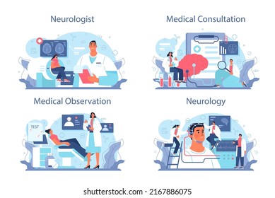 Neurologist concept set. Doctor examine and treat human brain and nervous system. Nervous system disease' therapy. Medical MRI diagnosis and consultation. Flat vector illustration