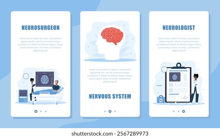 Neurologist concept. Set of Templates for medical Online service. African Woman Doctor giving virtual medical consultation on Brain Diseases. Telemedicine. Vector illustration in flat cartoon style.