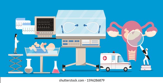 Neurologist concept vector. Reanimation equipment for nursing premature newborns. Infant incubator and neonatal intensive care unit clinic with air temperature humidity oxygen sensor for sick babies.