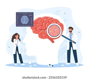 Neurologist concept. Woman and man in medical uniform with magnifying glass analyzes internal organ. Research scientist. Vector illustration in flat cartoon style.