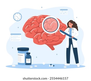 Neurologist concept. Woman in medical uniform with magnifying glass analyzes internal organ. Research scientist. Vector illustration in flat cartoon style.
