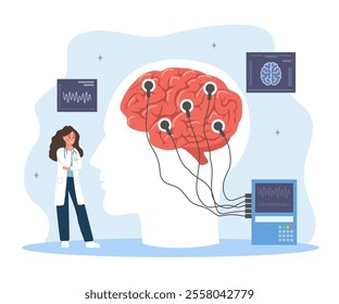 Neurologist concept. Woman in medical uniform examine human brain. Electroencephalography. Brain Connected to Display with EEG Indication. Vector illustration in flat cartoon style.